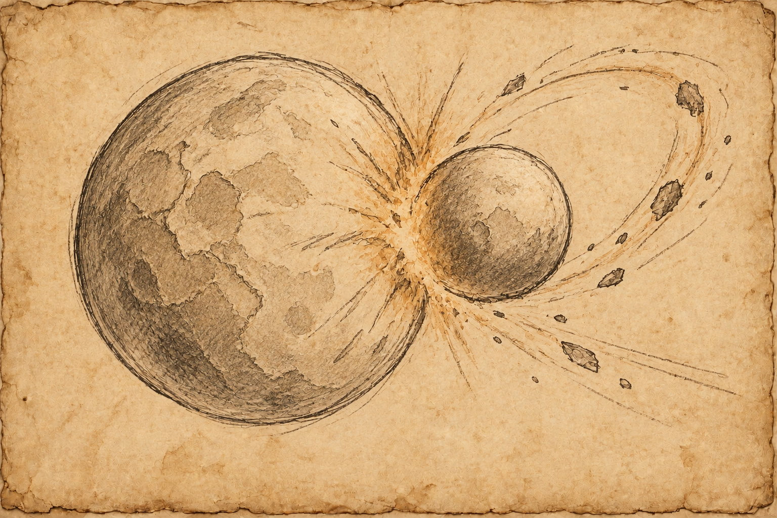 A hand-drawn study of Gaia and Theia colliding, with rocky surface details and softly shaded planetary forms on parchment